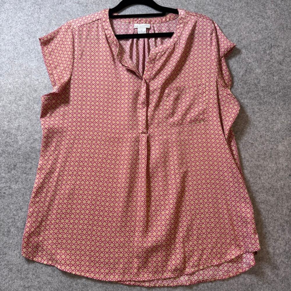 Liz Claiborne Blouse L Pink Beige Geometric Split Neck Cap Sleeve Pocket Top - Picture 2 of 8